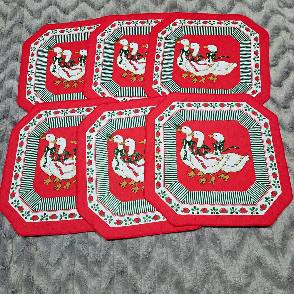 Vtg Christmas Country Goose Quilted Placemats Set 6 Holiday 80s 90s Cottagecore